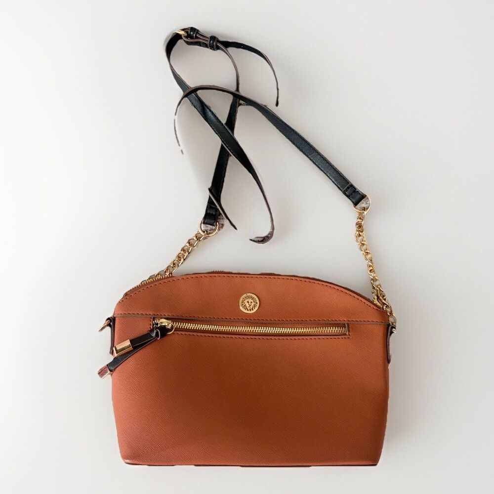 Anne Klein Classic Curved Brown Black Bottom Crossbody Strap HandBag Purse